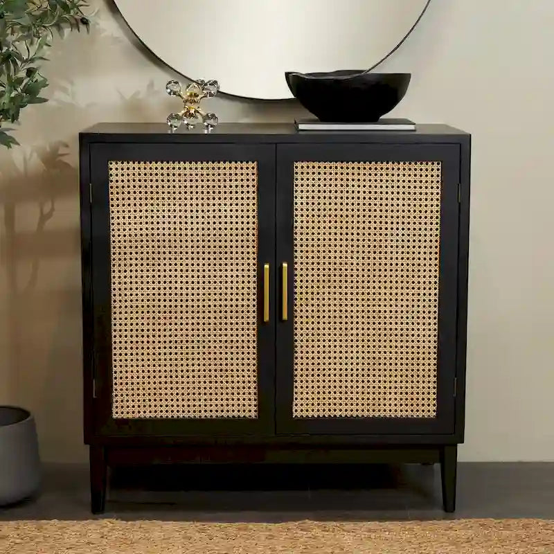 Single-shelf, two-door wooden cabinet (featuring rattan door panels and gold handles) — Light brown or black