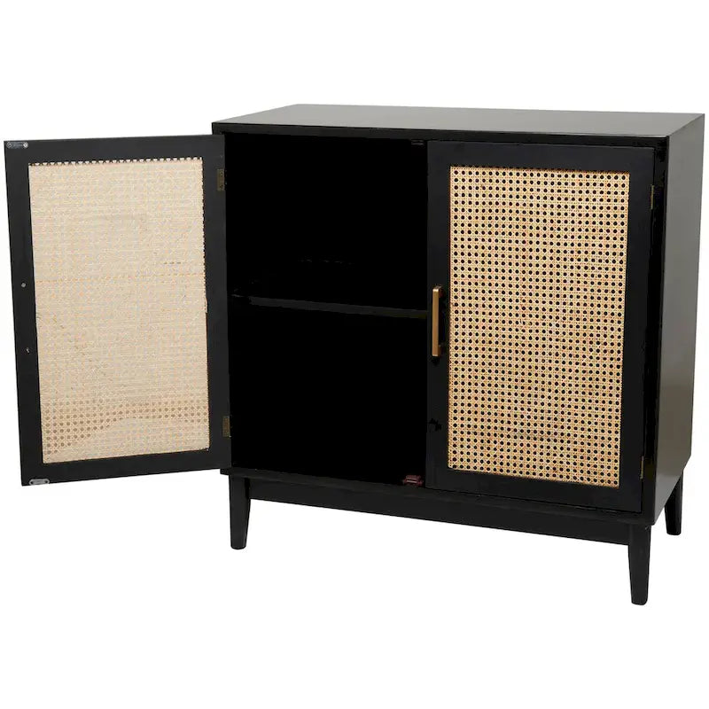 Single-shelf, two-door wooden cabinet (featuring rattan door panels and gold handles) — Light brown or black
