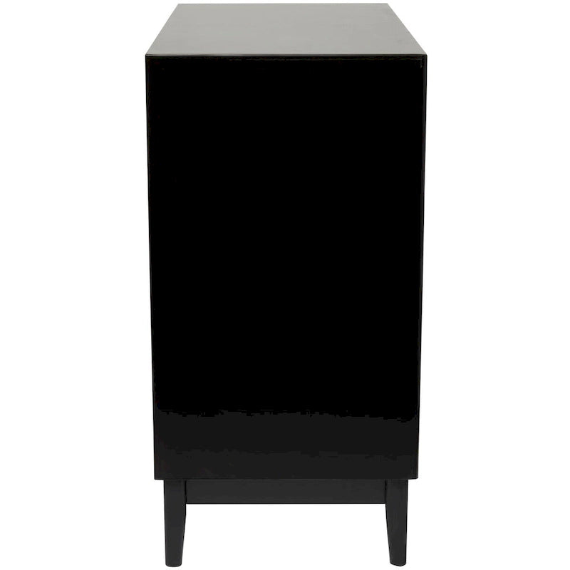 Single-shelf, two-door wooden cabinet (featuring rattan door panels and gold handles) — Light brown or black