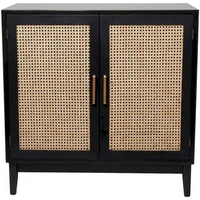 Single-shelf, two-door wooden cabinet (featuring rattan door panels and gold handles) — Light brown or black