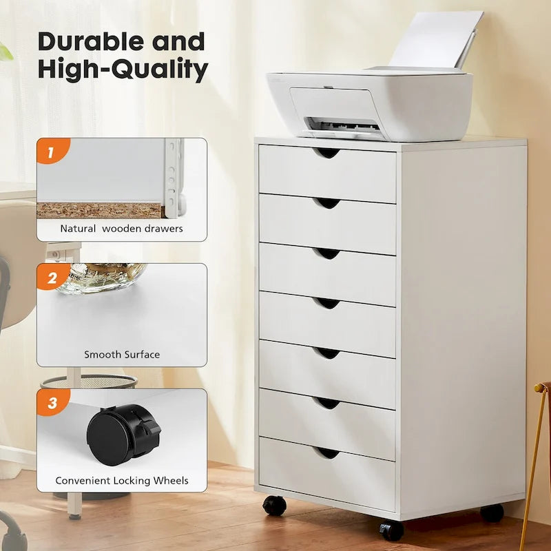 7-Drawer Storage Unit – Wooden Storage Cabinet with Wheels / Mobile Office Organizer