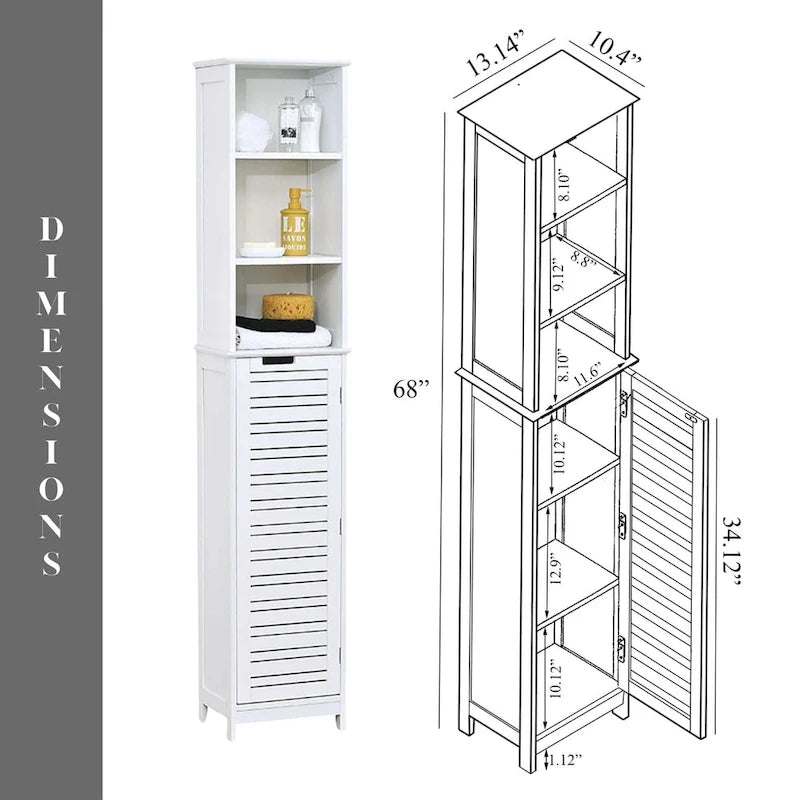 Mobiletto alto e stretto bianco per il bagno, con ripiani in lino - 13 7/8L x 10.4W x 68H