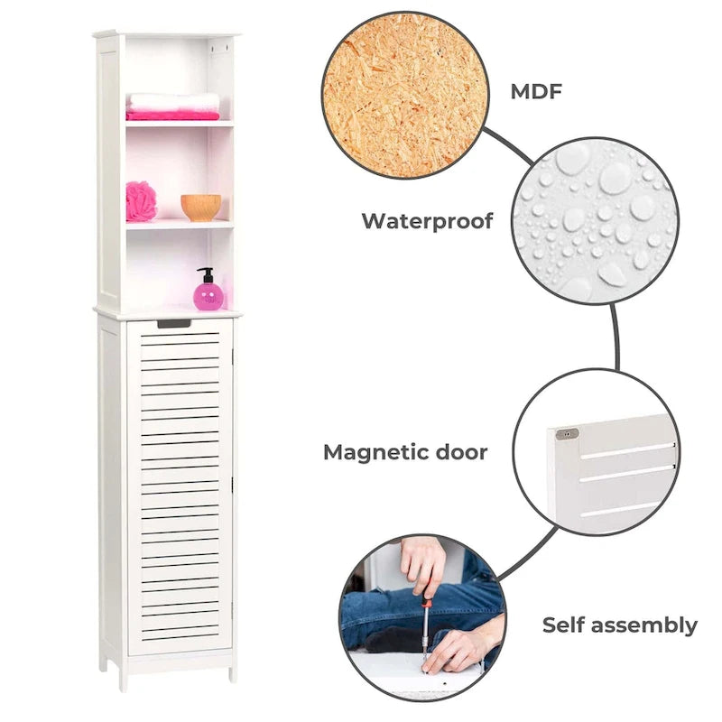 Mobiletto alto e stretto bianco per il bagno, con ripiani in lino - 13 7/8L x 10.4W x 68H