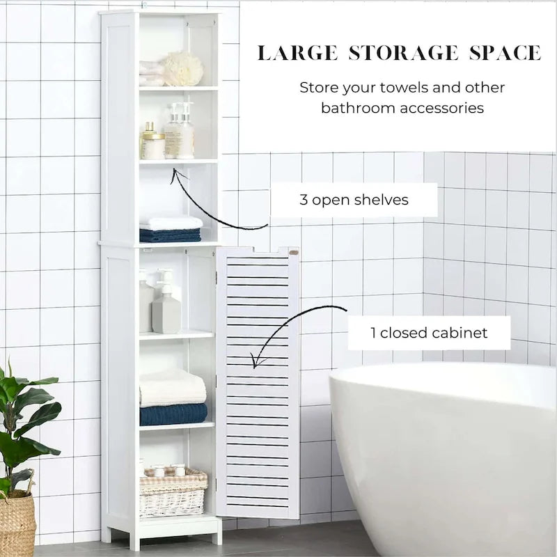 Mobiletto alto e stretto bianco per il bagno, con ripiani in lino - 13 7/8L x 10.4W x 68H