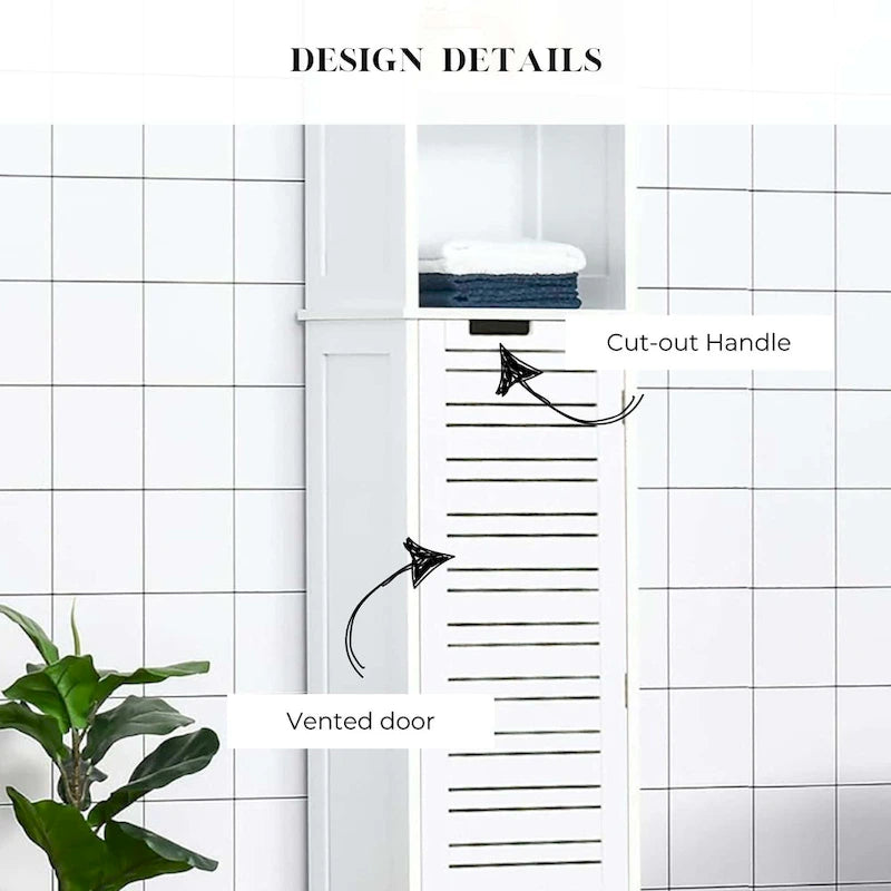 Mobiletto alto e stretto bianco per il bagno, con ripiani in lino - 13 7/8L x 10.4W x 68H