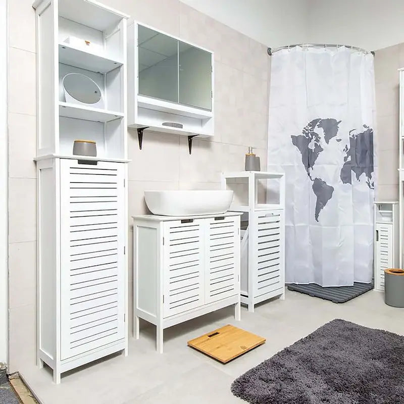 Mobiletto alto e stretto bianco per il bagno, con ripiani in lino - 13 7/8L x 10.4W x 68H