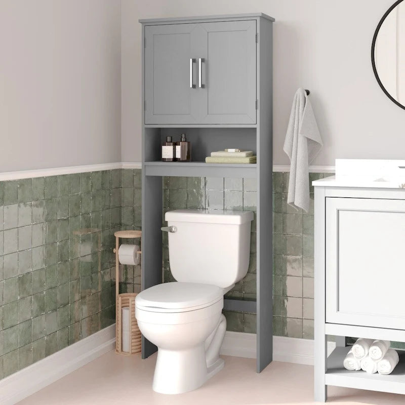 Mobile contenitore moderno grigio da posizionare sopra il WC, con 2 ripiani e ante