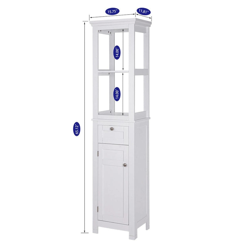 Mobile contenitore da bagno da pavimento con due ripiani aperti e una sezione a colonna stretta e alta con anta e cassetti.