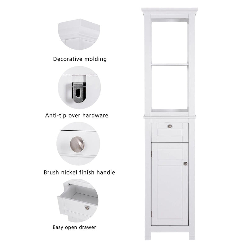 Mobile contenitore da bagno da pavimento con due ripiani aperti e una sezione a colonna stretta e alta con anta e cassetti.