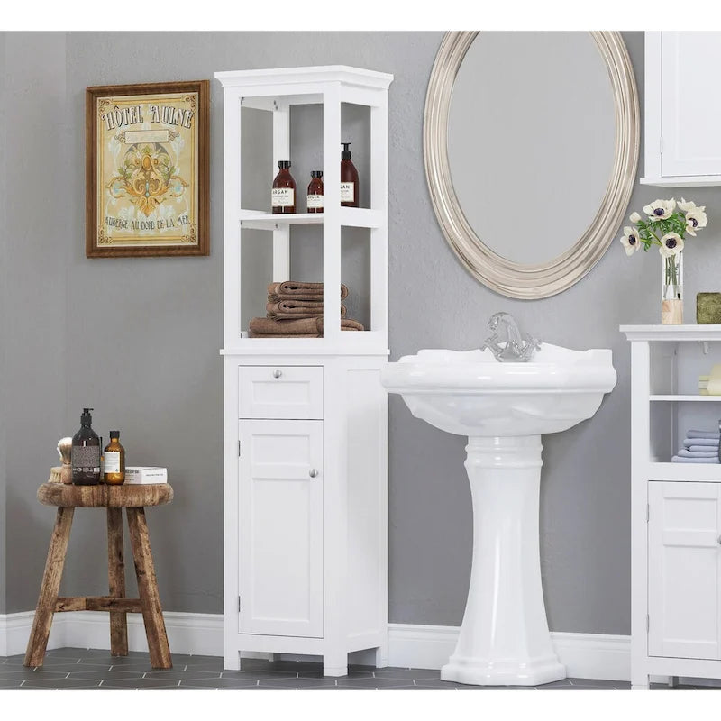 Mobile contenitore da bagno da pavimento con due ripiani aperti e una sezione a colonna stretta e alta con anta e cassetti.