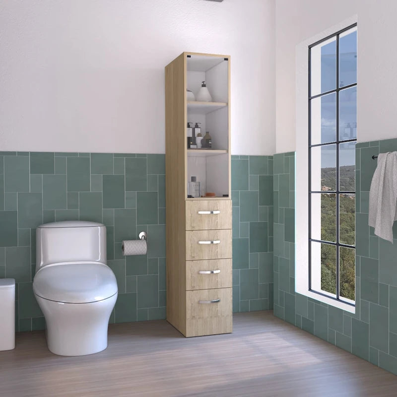 Mobiletto moderno in lino per il bagno, tre ripiani, quattro cassetti - Pino chiaro/Bianco