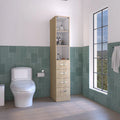 Mobiletto moderno in lino per il bagno, tre ripiani, quattro cassetti - Pino chiaro/Bianco
