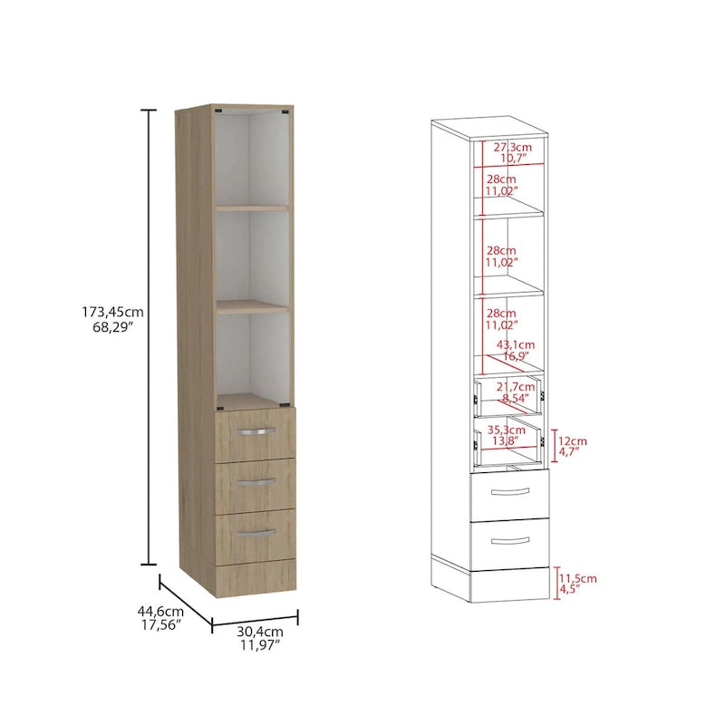 Mobiletto moderno in lino per il bagno, tre ripiani, quattro cassetti - Pino chiaro/Bianco