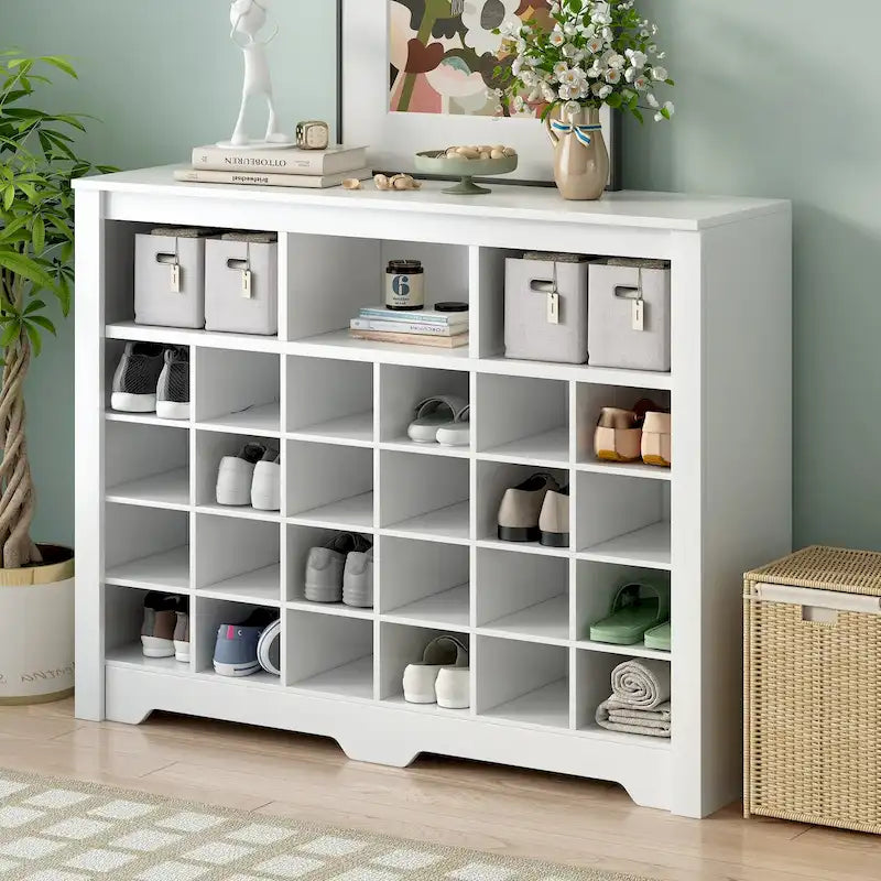 Sleek Design 24 Shoe Cubby Console, Modern Shoe Cabinet with Curved Base, Versatile Sideboard with High-quality for Hallway